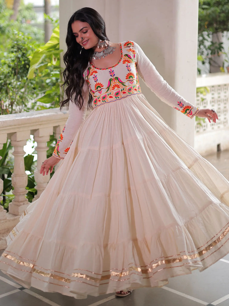 Feminine White Cotton Gota Patti Work Navratri Wear Gown