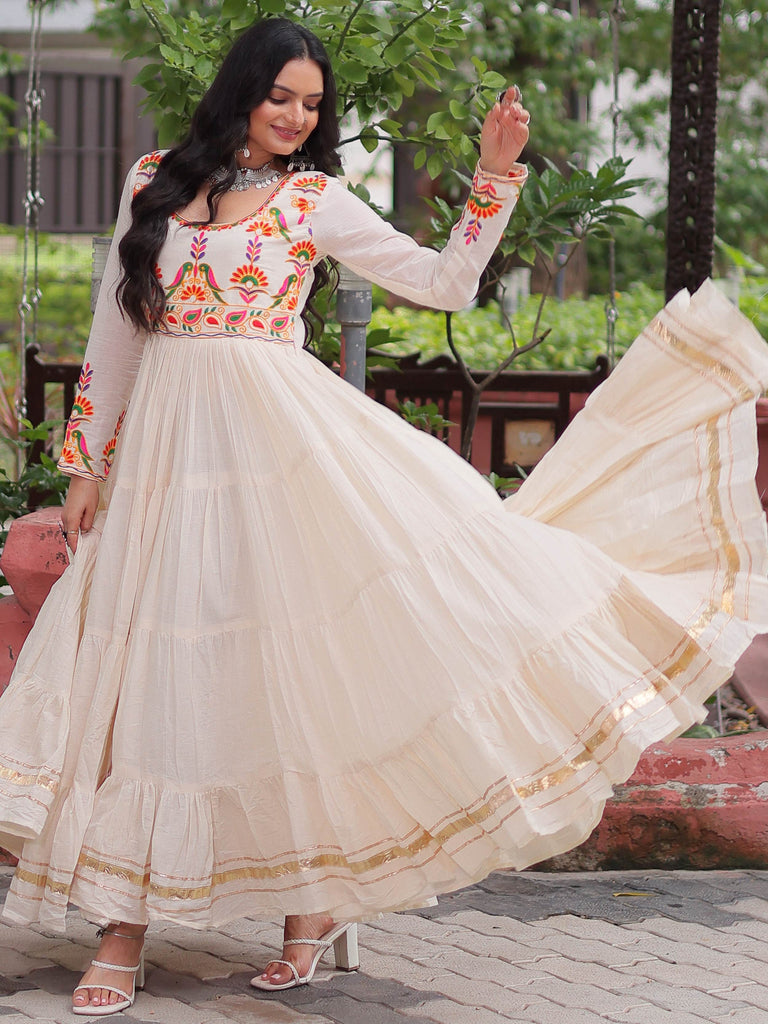 Feminine White Cotton Gota Patti Work Navratri Wear Gown