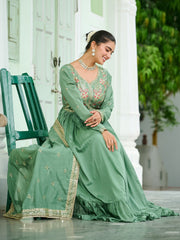 Elegant Green Floral Embroidered Silk Flared Gown With Dupatta