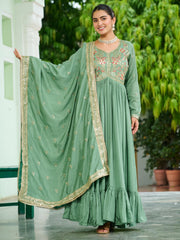 Elegant Green Floral Embroidered Silk Flared Gown With Dupatta