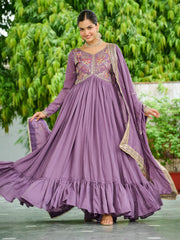 Stunning Lavender Embroidered Silk Flared Gown With Dupatta