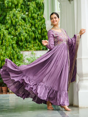 Stunning Lavender Embroidered Silk Flared Gown With Dupatta