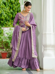 Stunning Lavender Embroidered Silk Flared Gown With Dupatta