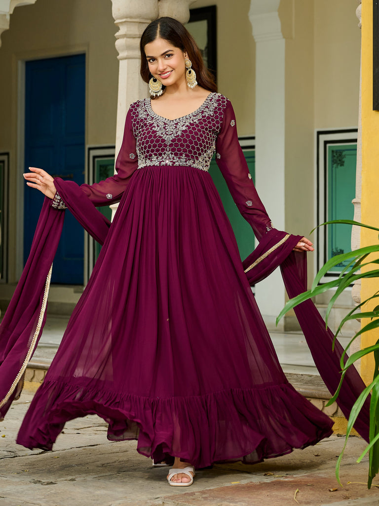 Stunning Maroon Embroidered Georgette Festive Wear Gown With Dupatta