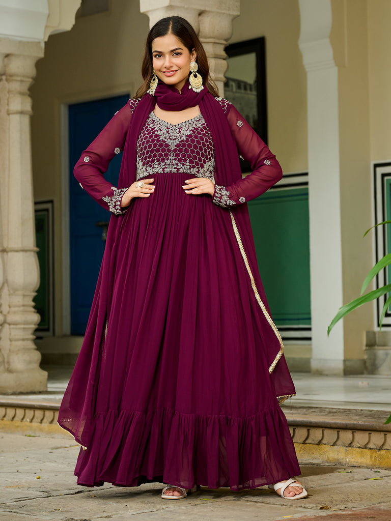 Stunning Maroon Embroidered Georgette Festive Wear Gown With Dupatta