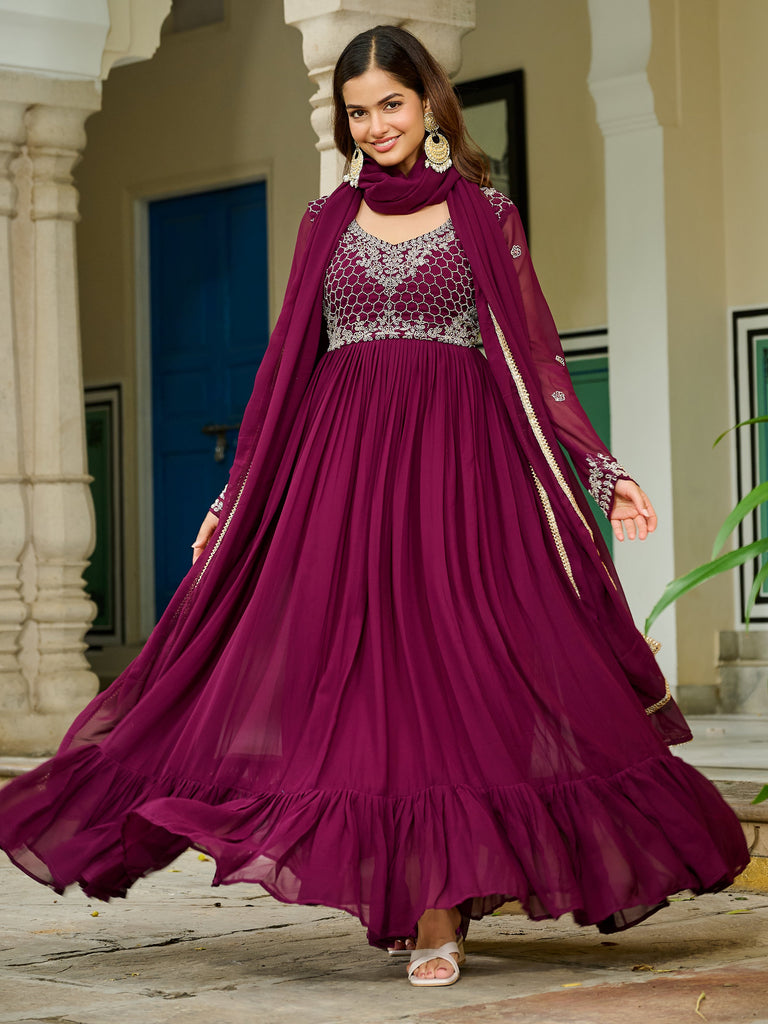 Stunning Maroon Embroidered Georgette Festive Wear Gown With Dupatta