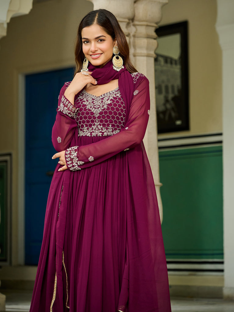 Stunning Maroon Embroidered Georgette Festive Wear Gown With Dupatta