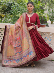 Awesome Maroon Lace Work Rayon Event Wear Gown With Dupatta