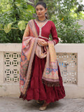 Awesome Maroon Lace Work Rayon Event Wear Gown With Dupatta