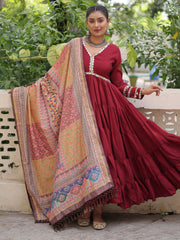 Awesome Maroon Lace Work Rayon Event Wear Gown With Dupatta