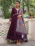 Fantastic Wine Rayon Festival Wear Gown With Printed Dupatta