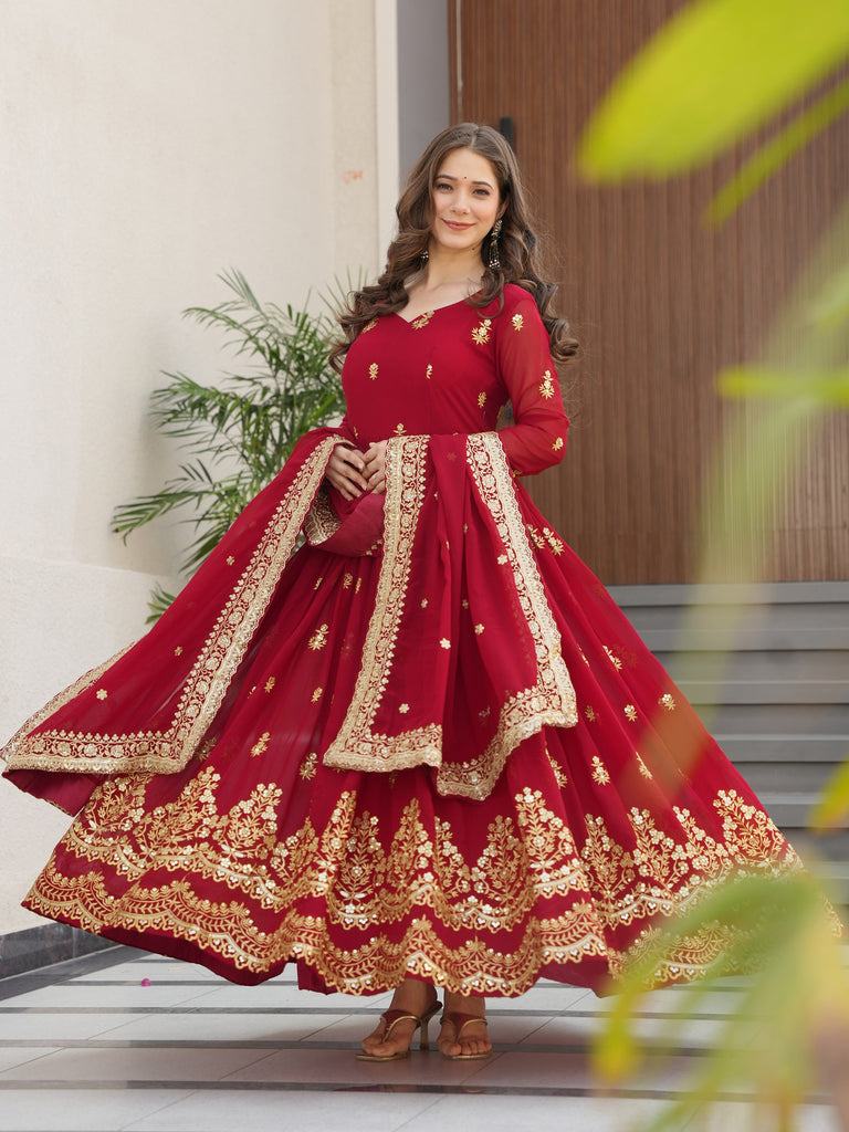 Amazing Maroon Sequins Embroidered Georgette Gown With Dupatta