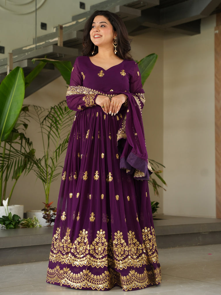 Gorgeous Purple Sequins Embroidered Georgette Gown With Dupatta