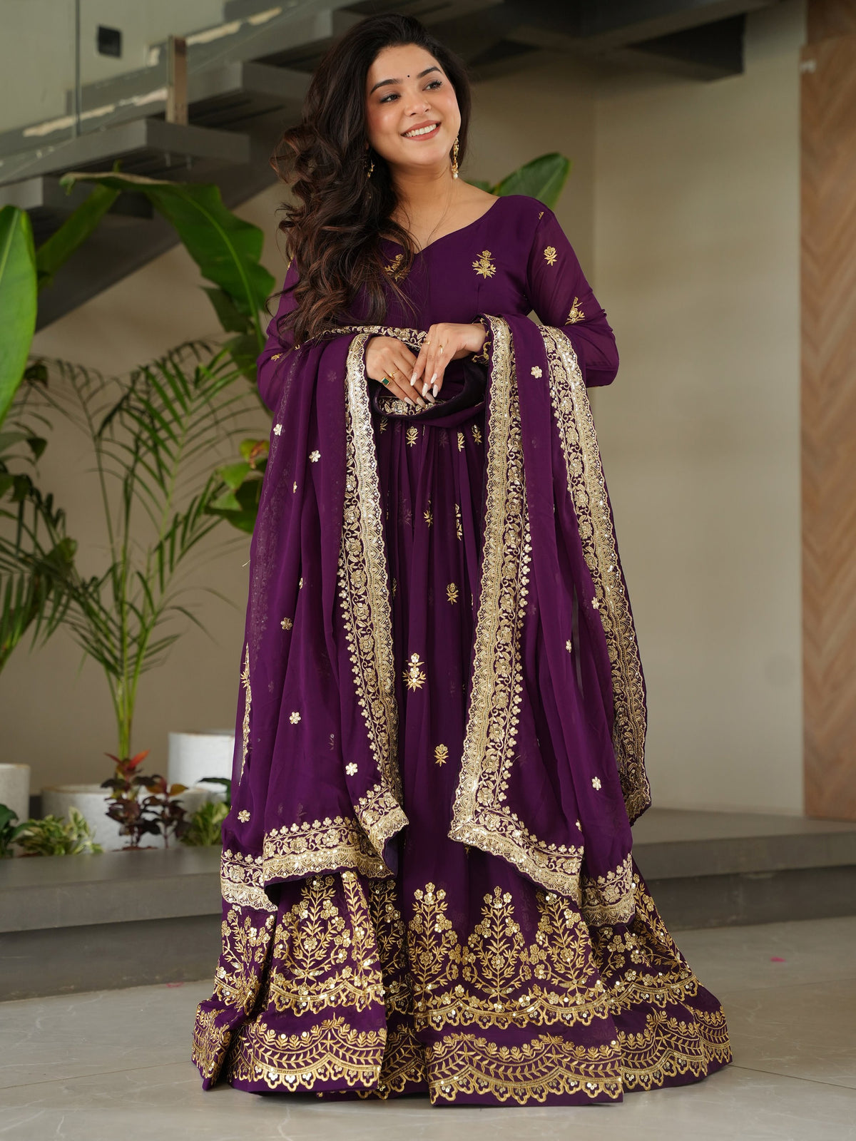 Gorgeous Purple Sequins Embroidered Georgette Gown With Dupatta