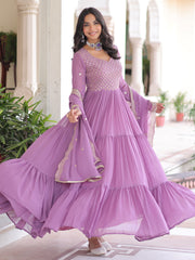 Beautiful Purple Zari Embroidered Georgette Gown With Dupatta