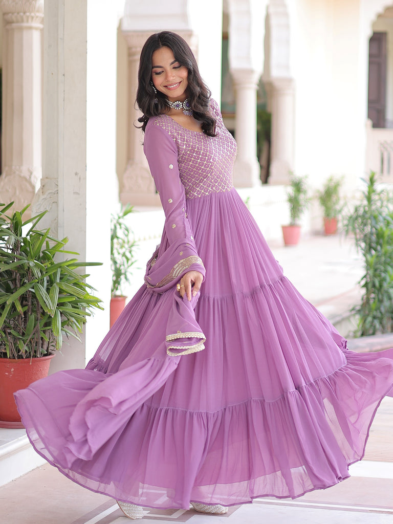 Beautiful Purple Zari Embroidered Georgette Gown With Dupatta
