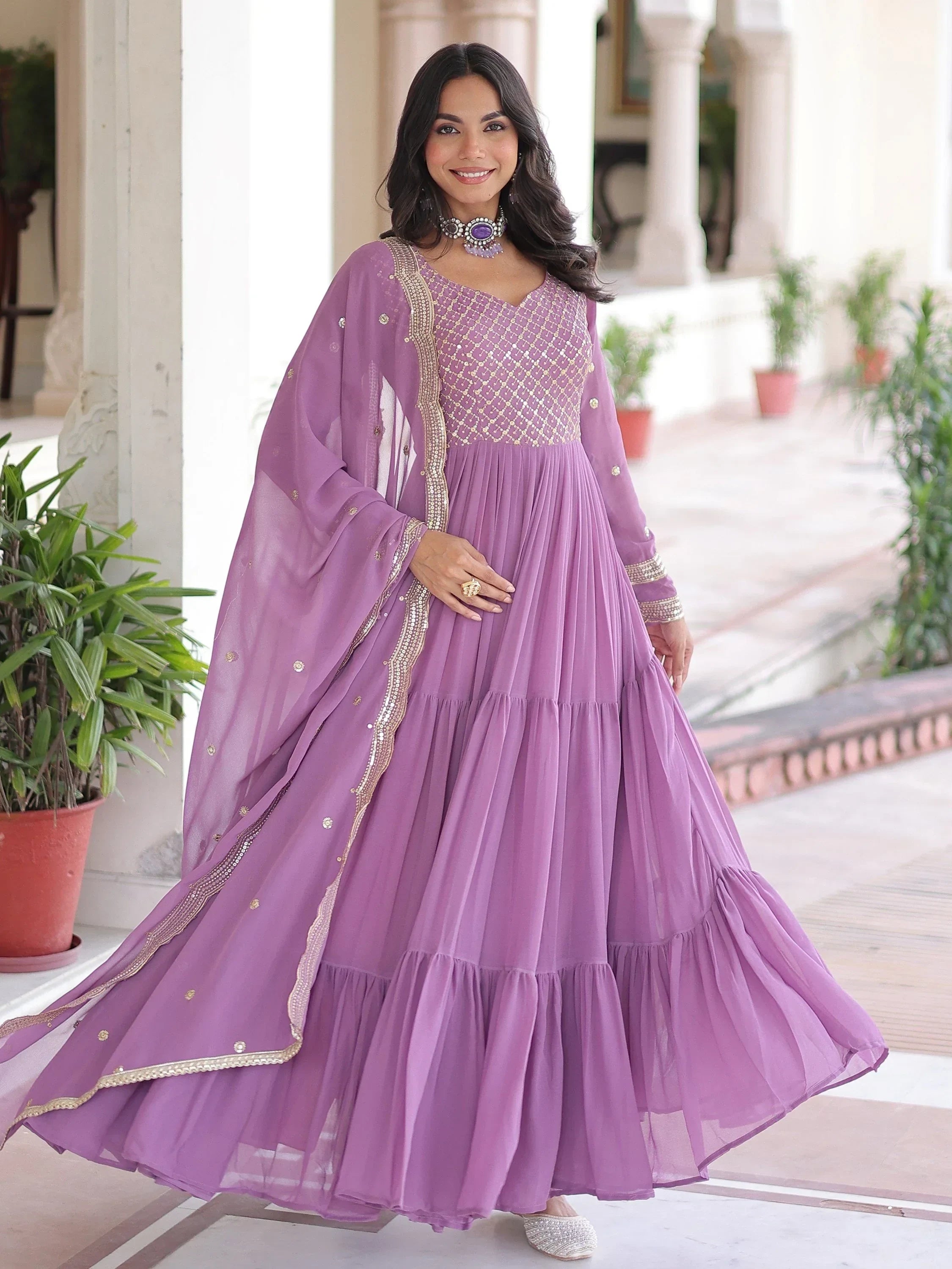 Beautiful Purple Zari Embroidered Georgette Gown With Dupatta