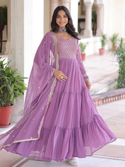 Beautiful Purple Zari Embroidered Georgette Gown With Dupatta