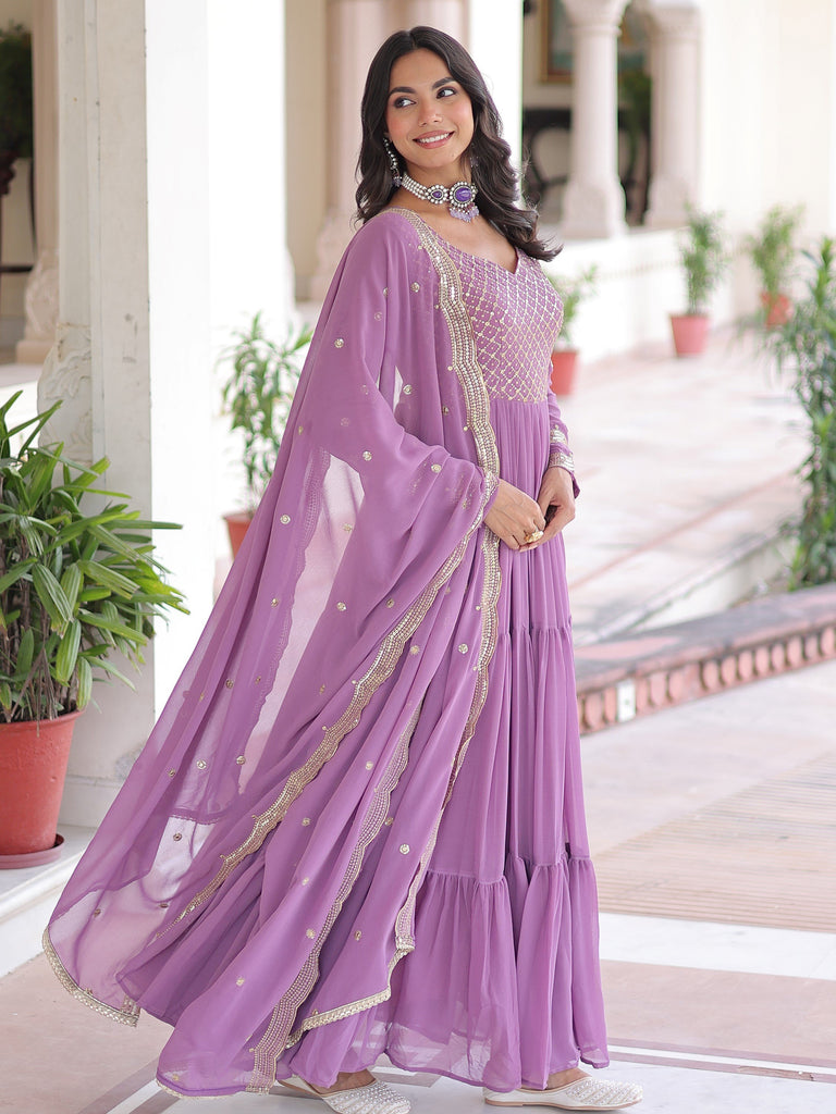 Beautiful Purple Zari Embroidered Georgette Gown With Dupatta