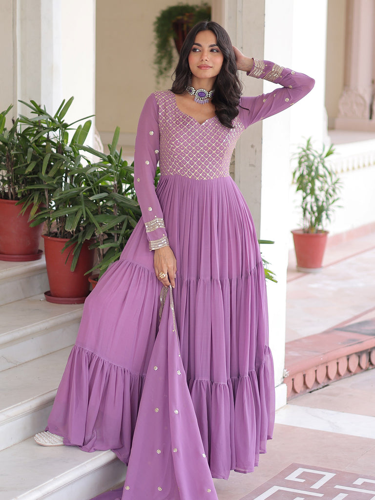 Beautiful Purple Zari Embroidered Georgette Gown With Dupatta
