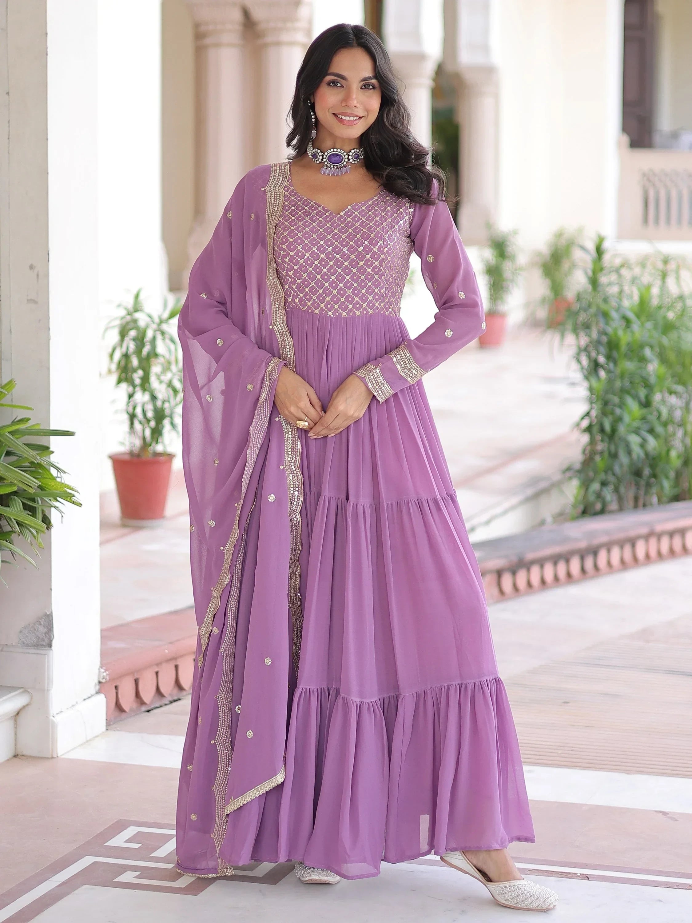 Purple Zari Embroidered Gown With Dupatta