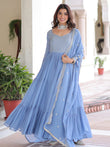 Stylish Sky Zari Embroidered Georgette Gown With Dupatta
