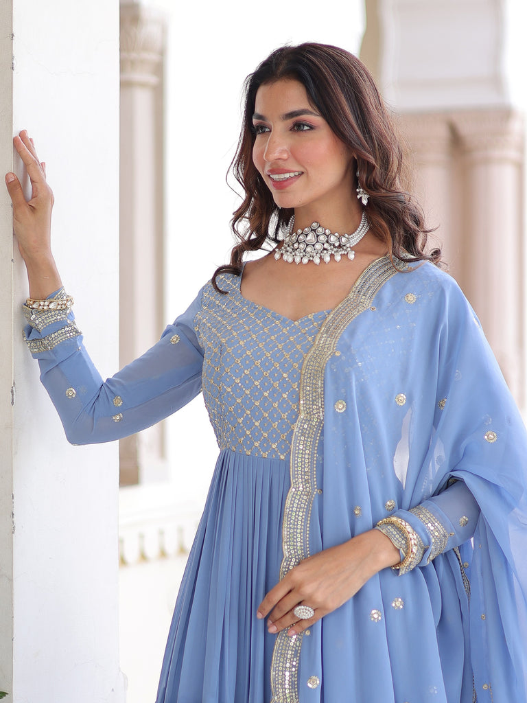 Stylish Sky Zari Embroidered Georgette Gown With Dupatta