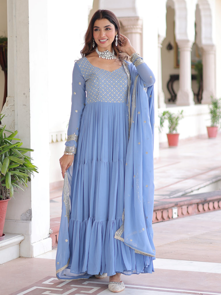 Stylish Sky Zari Embroidered Georgette Gown With Dupatta