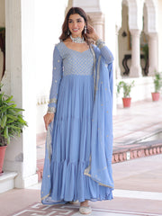 Stylish Sky Zari Embroidered Georgette Gown With Dupatta