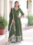 Attractive Green Embroidered Georgette Festive Wear Gown With Dupatta