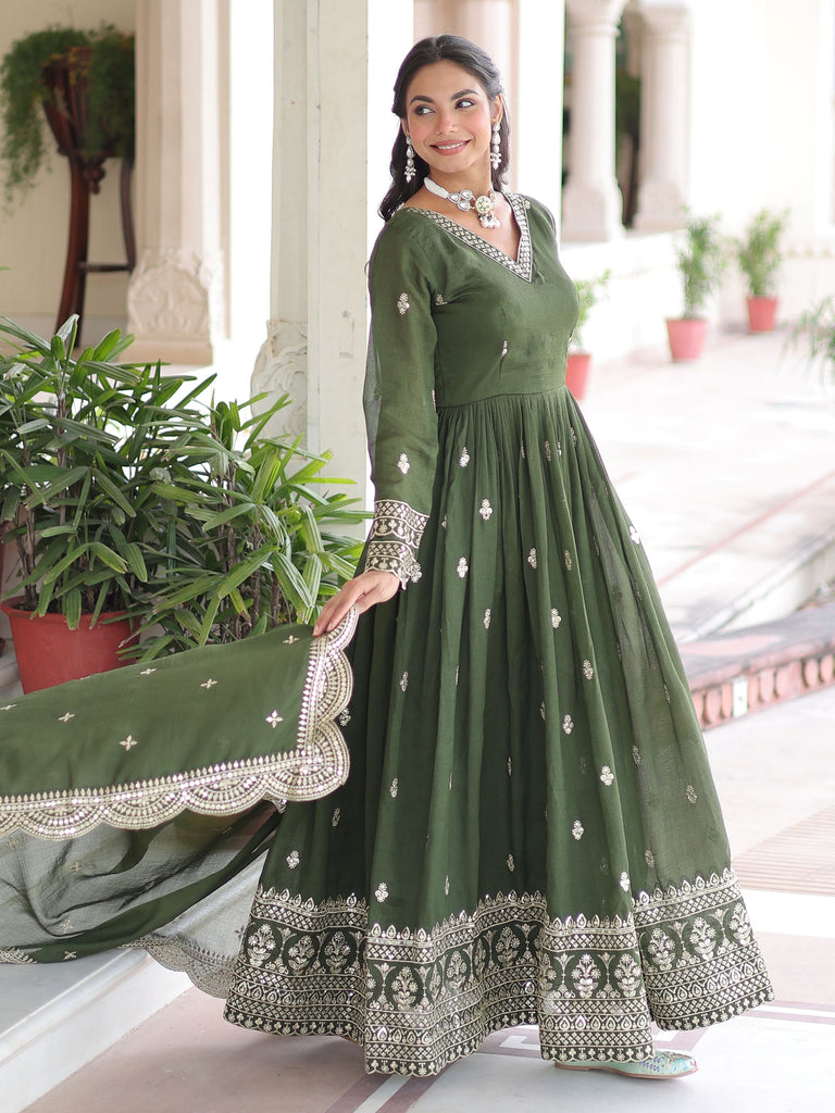 Attractive Green Embroidered Georgette Festive Wear Gown With Dupatta