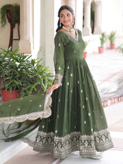 Attractive Green Embroidered Georgette Festive Wear Gown With Dupatta
