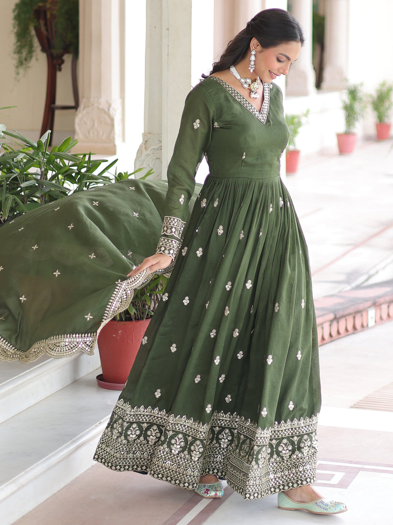 Attractive Green Embroidered Georgette Festive Wear Gown With Dupatta