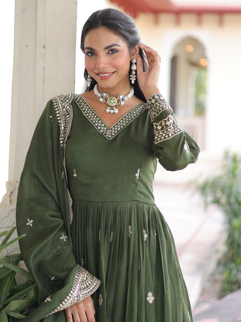 Attractive Green Embroidered Georgette Festive Wear Gown With Dupatta