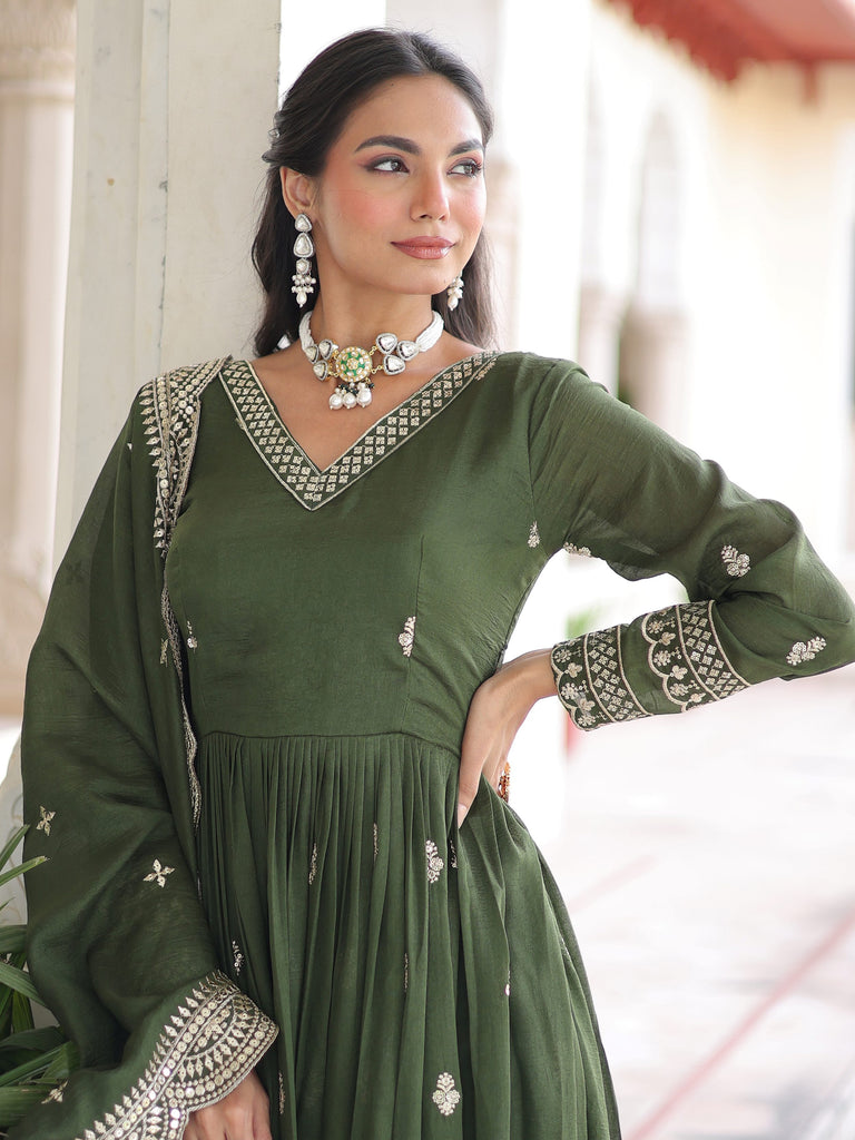 Attractive Green Embroidered Georgette Festive Wear Gown With Dupatta