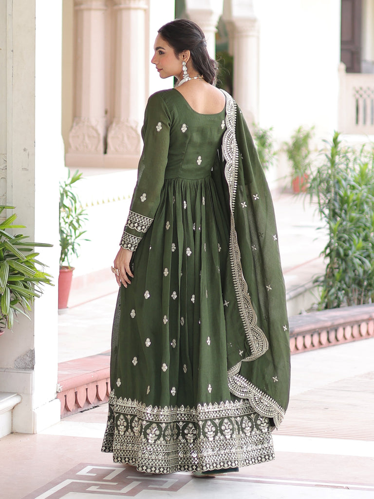 Attractive Green Embroidered Georgette Festive Wear Gown With Dupatta