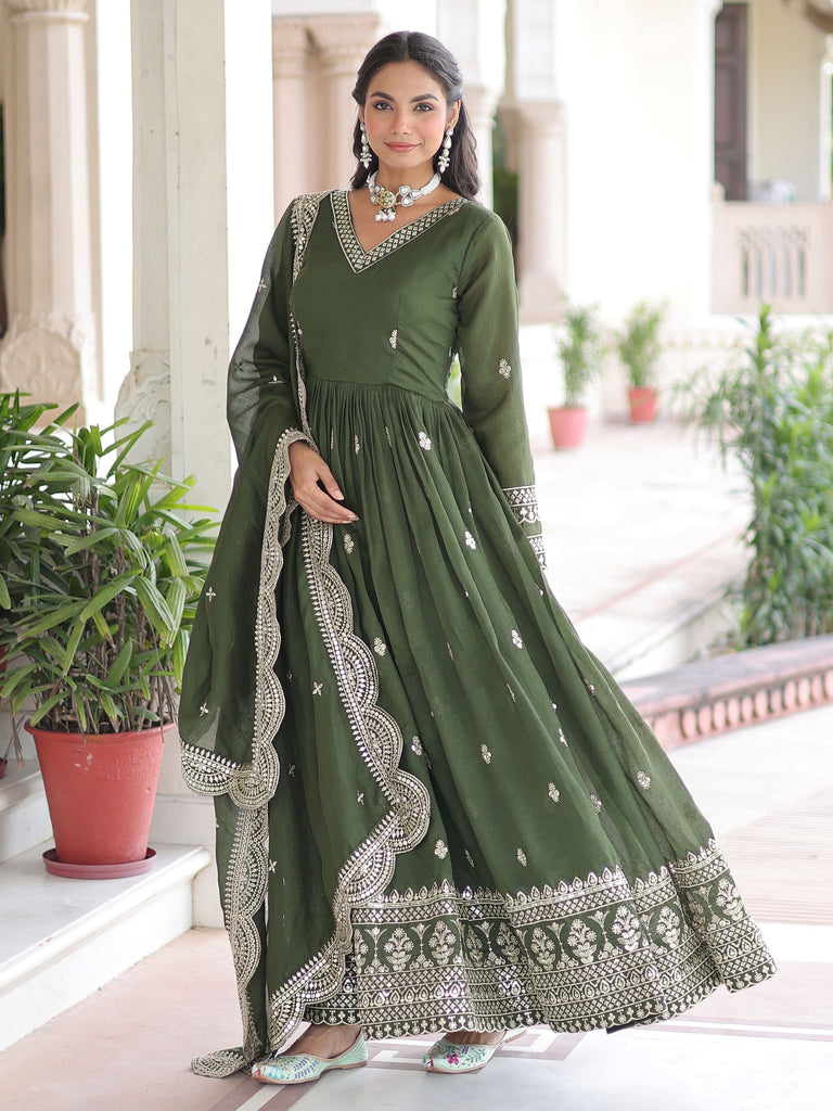 Attractive Green Embroidered Georgette Festive Wear Gown With Dupatta