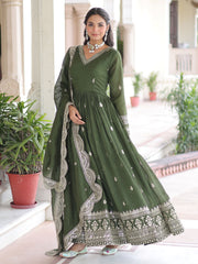 Attractive Green Embroidered Georgette Festive Wear Gown With Dupatta