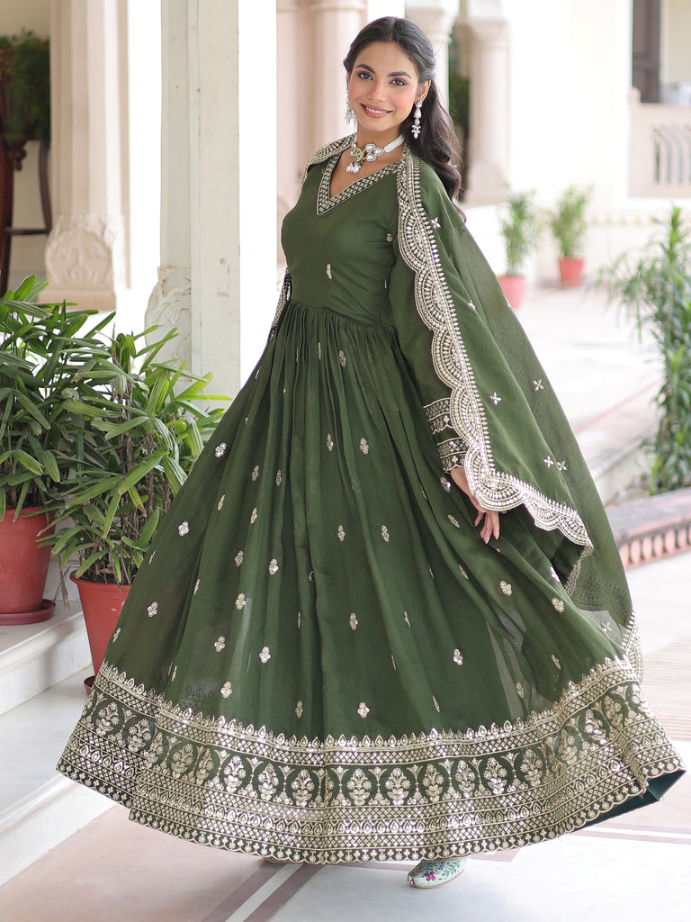 Attractive Green Embroidered Georgette Festive Wear Gown With Dupatta