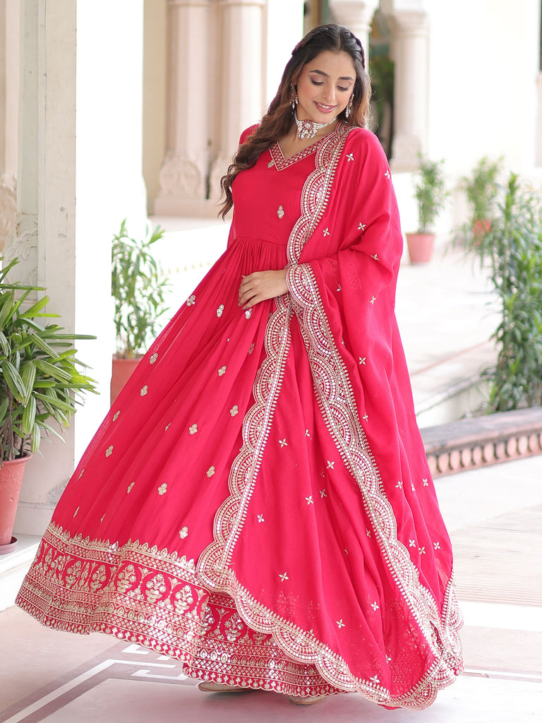 Awesome Pink Embroidered Georgette Wedding Wear Gown With Dupatta