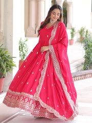 Awesome Pink Embroidered Georgette Wedding Wear Gown With Dupatta