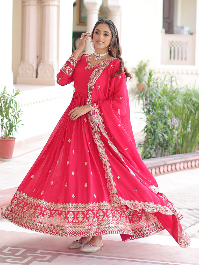 Awesome Pink Embroidered Georgette Wedding Wear Gown With Dupatta