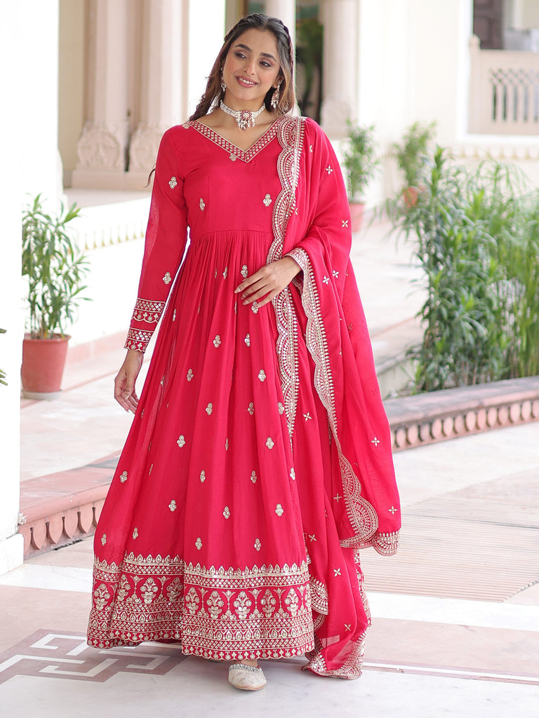 Awesome Pink Embroidered Georgette Wedding Wear Gown With Dupatta