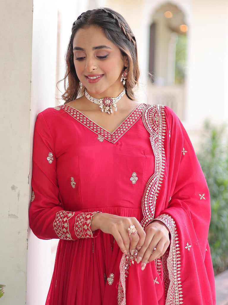 Awesome Pink Embroidered Georgette Wedding Wear Gown With Dupatta