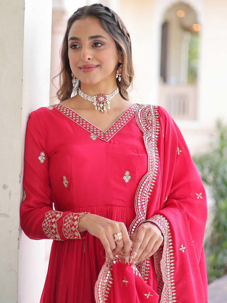 Awesome Pink Embroidered Georgette Wedding Wear Gown With Dupatta