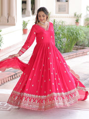 Awesome Pink Embroidered Georgette Wedding Wear Gown With Dupatta