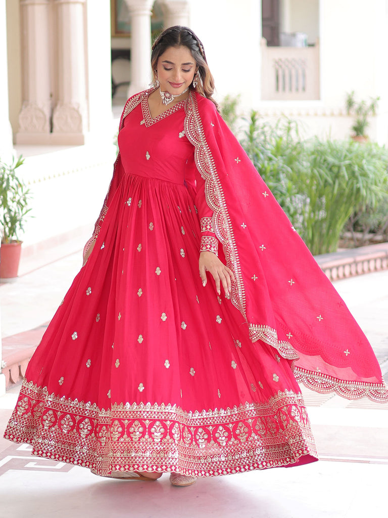 Awesome Pink Embroidered Georgette Wedding Wear Gown With Dupatta