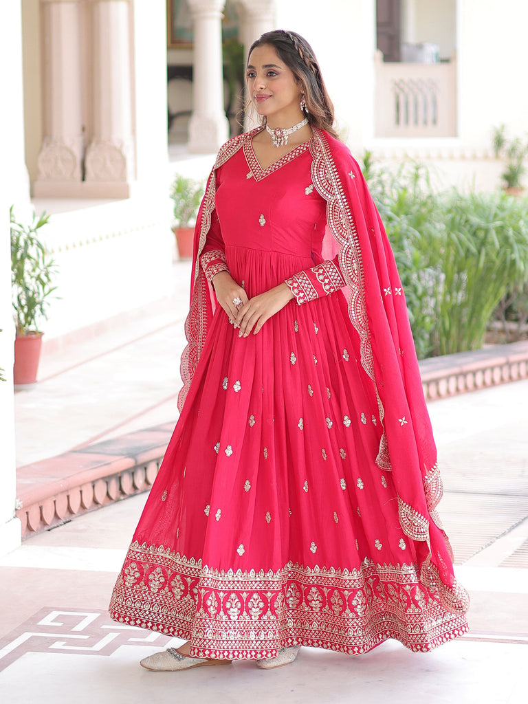 Awesome Pink Embroidered Georgette Wedding Wear Gown With Dupatta