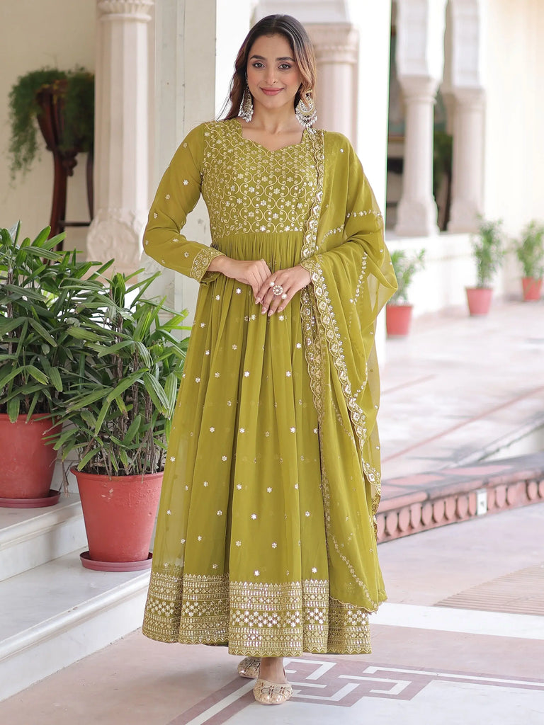 Lovely Green Embroidered Georgette Festive Wear Gown With Dupatta