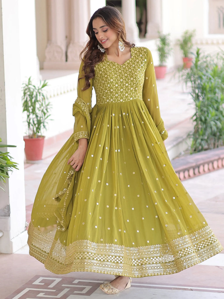 Lovely Green Embroidered Georgette Festive Wear Gown With Dupatta